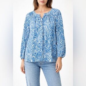 Lilly Pulitzer Camille Blouse Silk Night Swimming Blue White Print Womens Large